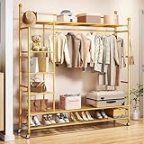 Robuster goldener Kleiderständer auf Rollen mit Haken und Ablagen – vielseitiger Metall-Kleiderbügel mit Schuhregal für Schlafzimmer und Wohnzimmer