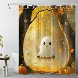 Duschvorhang mit süßem Geist, Herbstblätter, 150 x 180 cm, Halloween-Geist im Herbstwald, Badezimmervorhänge, orangefarbener Kürbis, wasserdicht, schimmelresistent, Badvorhang-Set mit Haken