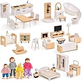 Atoylink Puppenhaus Möbel Set aus Buchenholz & Kunststoff, Zubehör Spielzeug mit Puppenhaus Puppen, Rollenspiel Geschenk für Jungen Mädchen Kleinkinder ab 3 Jahren