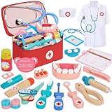 BUOAZR Arztkoffer Kinder Holz Spielset, 27-teiliges Doktorkoffer Kinder Mit Echtem Stethoskop, Arztkittel, Arzttasche, Thermometer und Spritze - Geschenk für Kinder Rollenspiele Spielzeug ab 3 Jahren