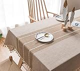 Graue Tischdecke Baumwolle und Leinen, für den Garten, mit Bommel, Dekoration, kariert, Tischdecke für Küche, Picknick, handgefertigt, Baumwolle und Leinen, beige, 90x140cm
