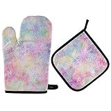 Poeticcity Ofenhandschuhe, Topflappen, hitzebeständig, abstraktes Blumenmuster, Pink, Grün, Gelb, verschiedene Farben, zum Kochen, Backen, Grillen, Grillen