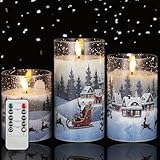 Huifoo 3 Flammenlose LED Kerzen im Glas mit Timerfunktion, Glas Weihnachtskerzen mit Fernbedienung, Elektrische Kerzen Flackernde Flamme, LED Stumpenkerzen für Festival/Home/Party Dekoration