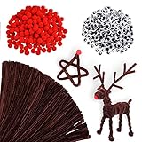 940 Stück Pfeifenreiniger Braun zum Basteln, 200 Stück Pfeifenputzer Chenille Draht, 350 Stück Rote Pom Poms, 350 Stück Wackelaugen Selbstklebend für Deko und Weihnachten Rentieren Bastelzubehör