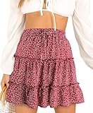 Damen Leicht Strand Faltenrock A Linien Blumen Minirock Rüschen Sommerrock Kurz Elastische Taille Boho Rock