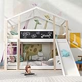 HESHU Kinderbett Etagenbett 90x200 cm, Hausbett mit Rutsche und Tafel, Hochbett für 2 Kinder, Funktionsbett Stockbett mit Lattenrost, Weiß+Natur, ohne Matratze