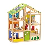 Hape Vier-Jahreszeiten Puppenhaus aus Holz Preisgekröntes dreistöckiges Puppenhaus mit Mobiliar, Zubehör, verschiebbaren Treppen und wendbarem Dach für Jede Jahreszeit