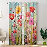Batmerry Verdunklungsvorhänge mit bunten Blumen für Schlafzimmer, schöne Blumenmalerei, Ösenvorhänge, wärmeisoliert, Fenstervorhänge, Set mit 2 Paneelen, 132 x 213 cm