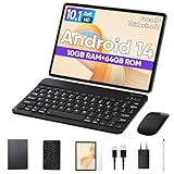JIKOCXN Tablet 10 Zoll Android14 Tablet, 4GB RAM + 64GB ROM (1TB TF), Octa Core Tablet mit Tastatur, 1280 x 800 FHD Bildschirm, 6000mAh Akku, GPS, WLAN, Bluetooth5.0, Dual Kamera (Schwarz)