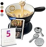 Ottia Fondue Set für 2, 3, 4, 5, 6 Personen aus Gusseisen & Emaille. Als Käsefondue, Fleischfondue, Schokofondue. Induktion geeignet, Schadstofffrei, mit Brenner+Gabeln+Rezeptbuch, Fondü-Set aus HH
