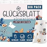 Glücksblatt Küchentücher mit bedruckten Motiven, 48 Rollen á 45 Blatt, 3-lagige Küchenrollen, 100% Zellstoff, nachhaltig, saugstarke Haushaltsrollen, Allzwecktücher, Papiertücher, Papierhandtücher
