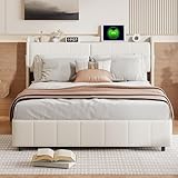 FOERPL Weiß Leder Bett 160x200 cm Doppelbett mit Schublade, Modernes Polsterbett mit USB-Anschluss,Bettgestell mit Lattenrost & Kopfteil, ohne Matratze