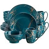 LOVECASA Tafelservice porzellan, Serie Daphne, SWEET 16-teiliges Kombiservice Set, Ess Geschirrset mit Goldspritzer Design, Speiseteller, Dessertteller, Müslischalen und Kaffeetassen für 4 Personen
