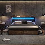Bgsryao Bett 180x200 mit LED und Kopfteil, Polsterbett 180x200cm mit 4 Schubladen, Doppelbett mit Stauraum und Lattenrost, Stauraumbett Jugendbett Rückenlehne Bettgestell für Erwachsene & Jugendliche