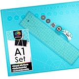 OfficeTree Schneidematte Set A1 90x60 + Rollschneider + Patchwork Lineal 60x15 cm - Schneidematte A1 Selbstheilend - Schneiderlineal Schneiderunterlage und Rollschneider Set - Schneidunterlage nähen
