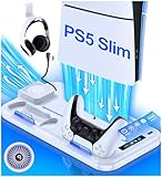 ALEEMTRY PS5 Standfuß für PS5 Slim, PS5 Ständer mit 3-Stufig Kühler Lüfter Schnelle Abkühlung/PS5 Controller Ladestation/Headset-Halter, PS5 Slim Zubehör für PS5 Slim Disc & Digital Konsole