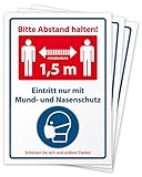 3 hochwertige Kombi-Aufkleber Bitte Abstand halten 1,5 m und Mund- Nasenschutz tragen, Hinweisschild zum Mindestabstand mit Maskenpflicht, Folie selbstklebend DIN A4 (210 x 297 mm)
