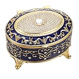 SUMTree Retro Schmuckschatulle Vintage Schmuckkasten mit Deckel Ovale Ringbox aus Aluminium Dunkelblau Schmuckbox für Kette Klein Schmuckkästchen Damen Mädchen Geschenk für Weichnachten Geburtstag