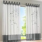 Souarts Stickerei Gardine Vorhang mit Schlaufen Transparent Schlaufenschal für Wohnzimmer Schlafzimmer Studierzimmer Blumen 1er Grau (140cmx145cm, Grau)