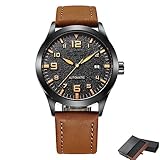 Tri-Aroute Mechanische Uhrwerk Automatikuhr mit Lederarmband Klassische Herrenuhr Analoge Automatikuhr mit Textilarmband,Braun