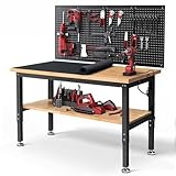 ENJOYWOOD Werktisch für Garage, 152,4 cm, Werkbank mit Stauraum, höhenverstellbar, Gummiholz, Tisch-Werkbank mit Steckdosen, Stecktafel-Pad zum Schneiden von Holzladen, Holzbearbeitung, Heimbüro