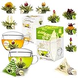 Creano 2x Teeblumen Geschenksets ErblühTeelini - Weißer & Grüner Tee - mit 2x Teeglas und je 8 Teeblumen im Tassenformat