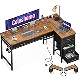 Coleshome Eckschreibtisch mit 6 Schubladen, Schreibtisch L Form mit Steckdose, PC Tisch und Computertisch mit Stauraum, Umkehrbarer Bürotisch fürs Schlafzimmer (Vintage Brauner, 126x80 cm)