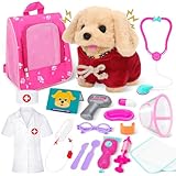 deAO Tierarzt Spielzeug Arztkoffer Kinder mit Elektrisch Plüschhund der Läuft Bellt Schwanzwedelt, Arzt Kostüm, Stethoskop, Tierarztkoffer Rucksack Spielset, Geschenke für Rollenspiele ab 3 Jahren