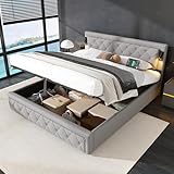 Laxnb Doppelbett Polsterbett, Bett mit Stauraum, Kopfteil mit Leselicht und USB/TypC, Jugendbett Hydraulisches Stauraumbett Bettgestell mit Lattenrost, Ohne Matratze, Leinen Grau (180x200cm)