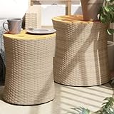 Homgoday Garten-Beistelltische 2 STK. mit Holzplatte Beige Poly Rattan Tisch Gartentisch Balkontisch Couchtisch Loungetisch für Balkon Terrasse Garten