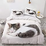 YASMENG Bettwäsche 135x200cm Weiß Katze Muster Kinder Junge Mädchen Bettwäsche Set Microfaser Bettbezug mit Reißverschluss und 1 Kissenbezug 80 x 80 cm