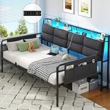 Brinlawb Schlafsofa, Tagesbett 90x200 cm mit LED Beleuchtung und Ladestation (2 AC-Steckdosen, 2 USB-Anschlüsse) Einzelbett Jugendbett 90x200 cm Gästebett für Wohnzimmer, Schlafzimmer, ohne Matratze