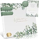 Love Notes® Gästebuch Hochzeit mit Fragen zum Ausfüllen – Hochwertiges Hochzeitsbuch für unvergessliche Erinnerungen, Edle Gold Prägung, 70 Gästeeinträge, 21 x 23 cm (Eukalyptus + Gold)
