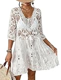 Bsubseach Frauen Kontrast Spitze Badeanzug Cover Up V-Ausschnitt Bikini Strand Coverup Kleid Sommer Outfits Weiß
