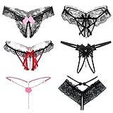 6er Pack Damen String Ouvert Mit Perlen Blume Loch Set, Schwarz Niedrige Taille Spitze Sexy Tanga Unterwäsche Mit Offenem Schritt, G-String Reizwäsche Thongs V-String Höschen