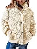 Haloumoning Jacke Mädchen Langarm Sherpa Teddy Fleece Mantel Kinder Warme Jacke mit Taschen Knöpfe,Beige,7-8Jahre