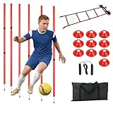 MQMCPDS Verstellbare Agility-Stöcke für Fußballtraining, 6, 1 Geschwindigkeit, Agility-Leiter, 10 Fußball-Kegel für Training, 1 Springseil + Aufbewahrungstasche, Hilfsausrüstung für