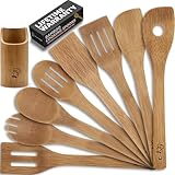 PriorityChef Holzlöffel zum Kochen, 8-teilig, mit Utensilienhalter, kratzfeste Bambus-Kochutensilien, ungiftiges Holzutensilien-Set, leicht zu reinigendes Küchenutensilien-Set für alle