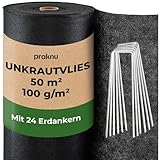 Praknu Unkrautvlies 100g/m2 𝗘𝘅𝘁𝗿𝗮 𝗦𝘁𝗮𝗿𝗸 - 50m2 - Unkrautfolie mit 24 Erdankern - Wasserdurchlässig & Reißfest - UV Stabil