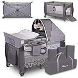 LIONELO Sven Plus 4 in 1 Baby Bett Laufstall Baby ab Geburt bis 15 kg Wickelauflage Moskitonetz luftige Seitenwände mit Seiteneingang Tragetasche zusammenklappbar Grey Scandi