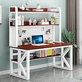Moderner Computertisch mit Ablagen und Stecktafel, großer Arbeitszimmertisch für Heimbüro, 99 cm, Teakholz + Weiß