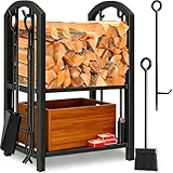 Amagabeli Kaminholzregal Innen Brennholzregal mit 4 Kaminwerkzeug Kaminholzständer Kaminbesteck für Außen Kaminholzhalter Holzregal für Kamin Kaminofen Besteck Schmiedeeisen Schwarz