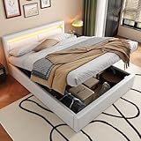 Laxnb Doppelbett Bett 140x200 cm Polsterbett mit LED-Kopfteil, Bett mit Stauraum, Jugendbett Hydraulisches Stauraumbett Bettgestell LED-Bett mit Lattenrost, Ohne Matratze, PU (Weiß)
