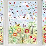 Deepton Fensterbilder Frühling Selbstklebend, 9 Blätter Fensteraufkleber Schmetterlinge Blumen Fenstersticker Frühling Deko Kinder Fensterdeko Sticker für Kinderzimmer