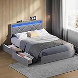 VASAGLE Bett 140 x 200 cm, Polsterbett, Doppelbettgestell, LED, Bettgestell, Metallbett, 4 Schubladen, Ladestation, verstellbares gepolstertes Kopfteil, hellgrau-Mattschwarz RMB827G01