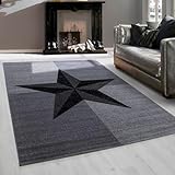 Teppium Moderner Kurzflor Teppich Läufer Flur 80 x 150 cm Grau - Flauschiger Teppich Waschbar, Sterne-Design, Pflegeleicht, Weich - Ideal als Bettvorleger im Schlafzimmer und Küchenläufer