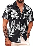 APTRO Herren Hemd Hawaiihemd Kurzarm Hemd Freizeit Urlaub Hemd Reise Shirt Sommer Hemd Blatt Schwarz HW024 L