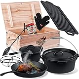 KESSER® Dutch Oven Set 9-teilig in Holzkiste mit Dutch Oven Mit viel Zubehör - Gusseisen - bereits eingebrannt mit Kochtopf Grillplatte Pfanne Deckelheber Inkl. Rezeptbuch Handschuhe