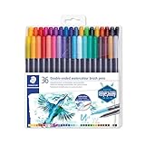 STAEDTLER Doppelfasermaler wasservermalbar, für Aquarell-Effekte, zwei Linienbreiten, feine Spitze und breite Pinselspitze, Klarfaltetui mit 36 brillanten Farben, 3001 TB36