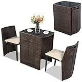GIANTEX Rattan Balkonmöbel Set Balkon 2 Personen, Balkon Möbel für kleinen Balkon, Balkonset 3 teilig platzsparend zusammenschiebbar, keine Montage, Rattan Gartenmöbel Set 2 Personen Balkonmöbel klein